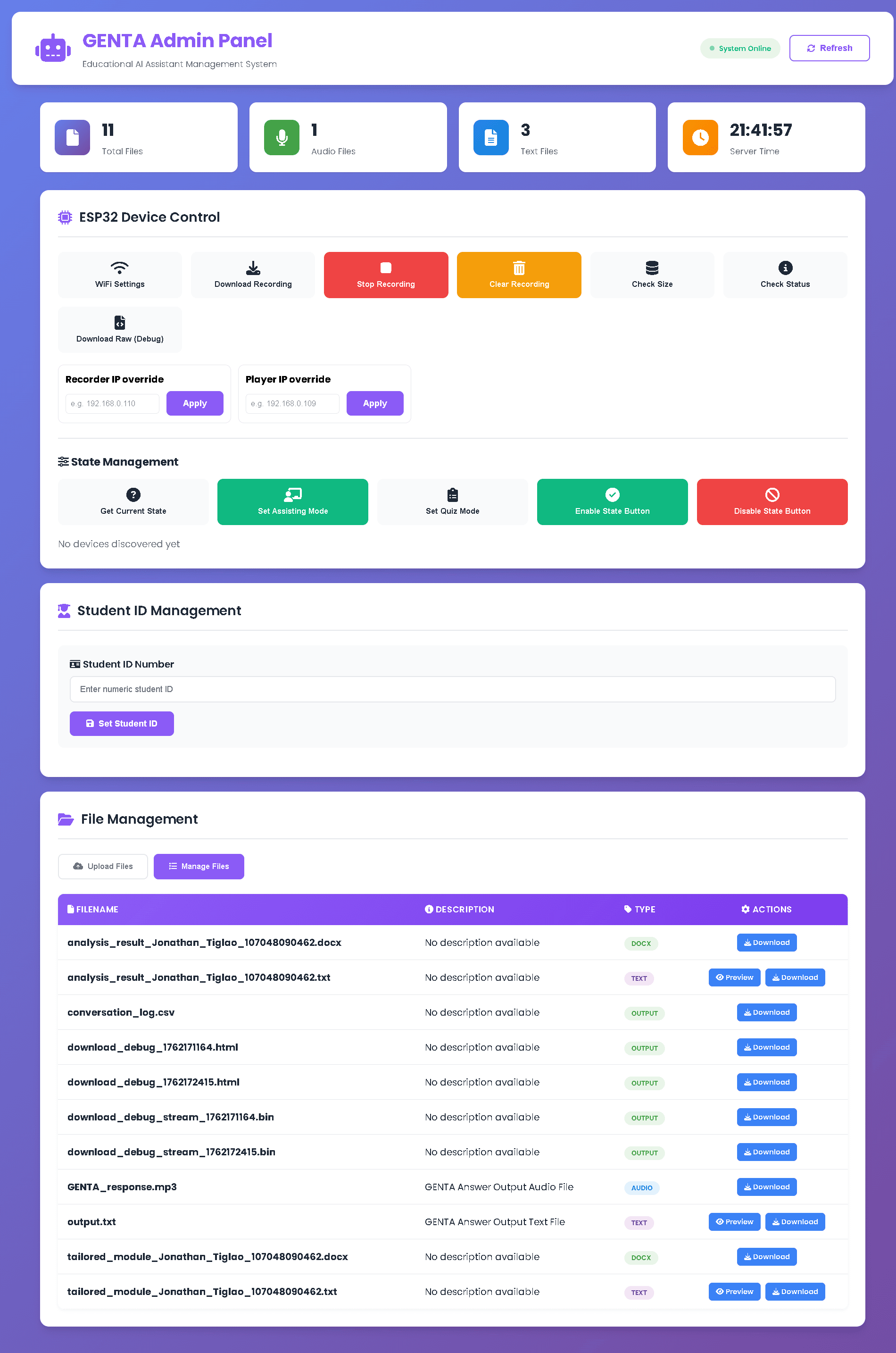 GENTA system administration interface