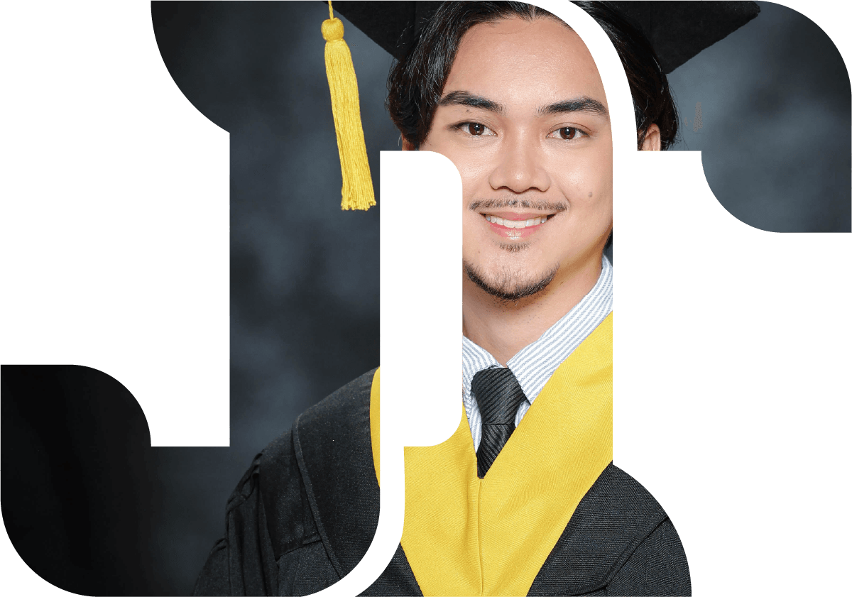Jonathan in graduation attire, clipped into the JT logo
